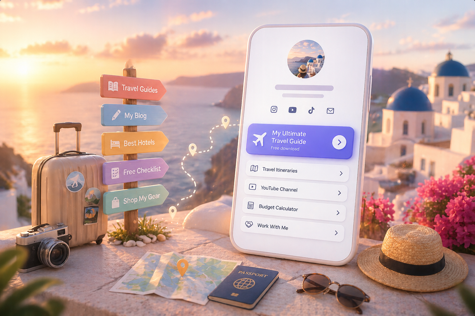 A travel creator works at a desk with a laptop and phone showing a clean link in bio page beside maps, a camera, and tra