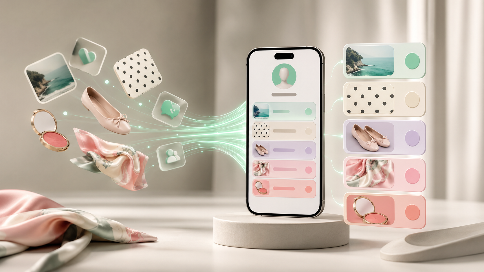 A soft 3D hero image of a smartphone bio page surrounded by organized spring fashion and beauty trend objects.