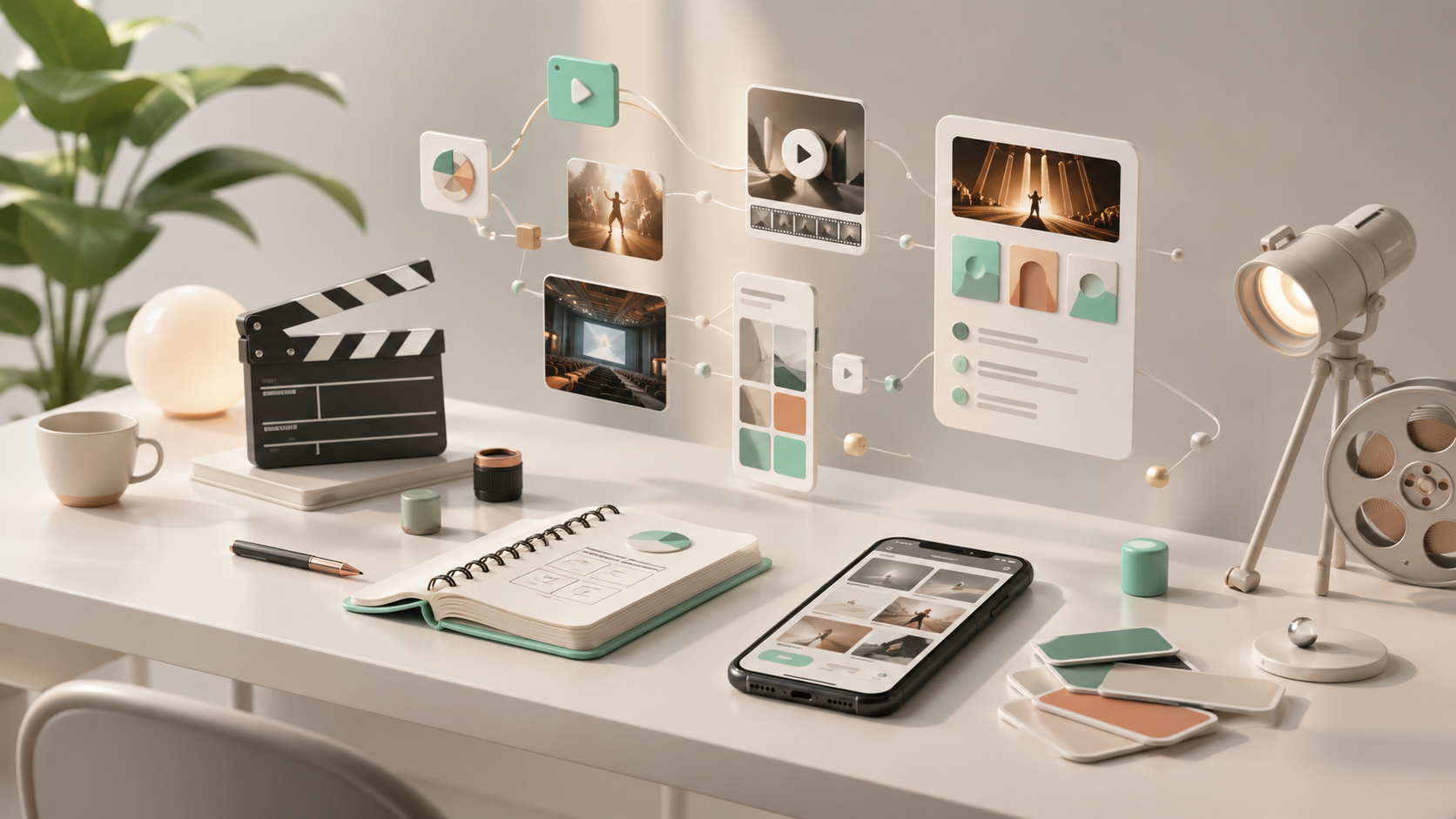 A 3D editorial image of a creator workspace with a phone, notebook, and abstract cinema-inspired content planning panels