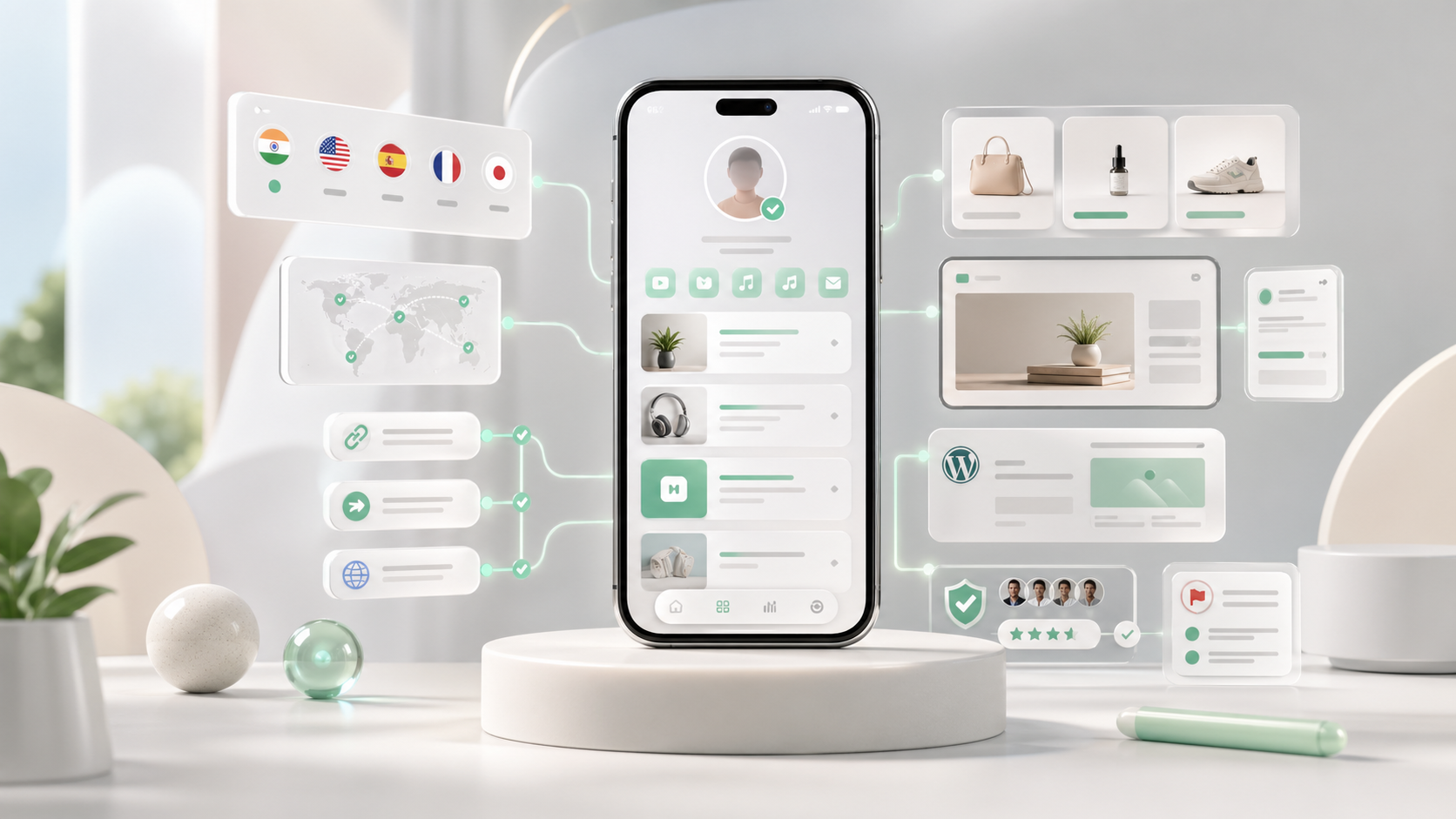 A soft 3D hero image of a smartphone creator profile surrounded by multilingual, routing, affiliate, embed, and trust UI